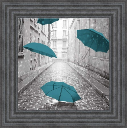 Teal Umbrellas, City Street in Paris